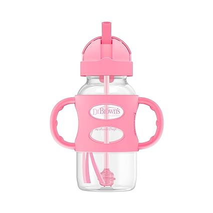 Dr Browns Milestones Wide-Neck Straw Bottle with Silicone Handle 9 oz Pink