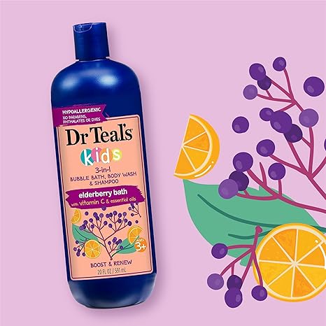 Dr Teals Kids 3 in 1 Elderberry Bubble Bath Body Wash & Shampoo with Vitamin C & Essential Oils 591ml