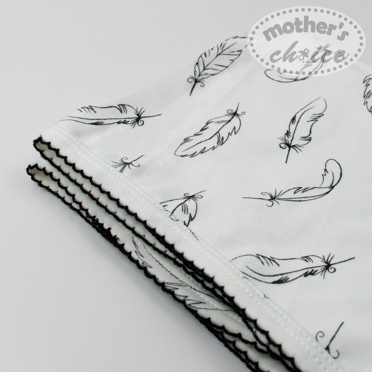 Mothers Choise Organic Fabric Stretch Swaddle Wrap With Crochet With Feather Print White