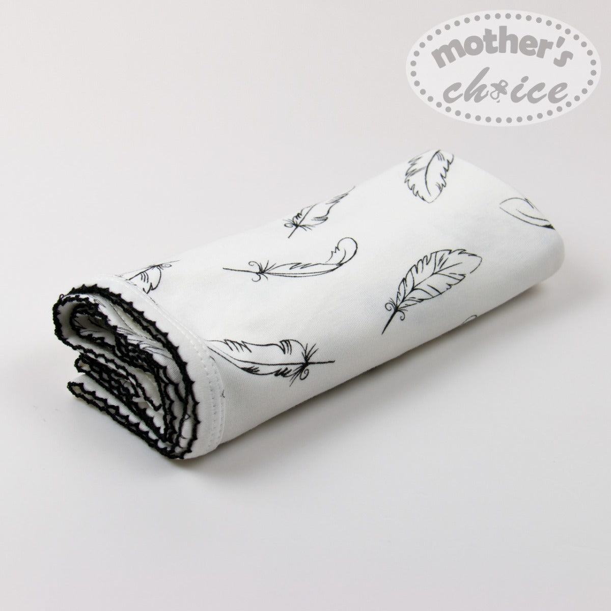 Mothers Choise Organic Fabric Stretch Swaddle Wrap With Crochet With Feather Print White
