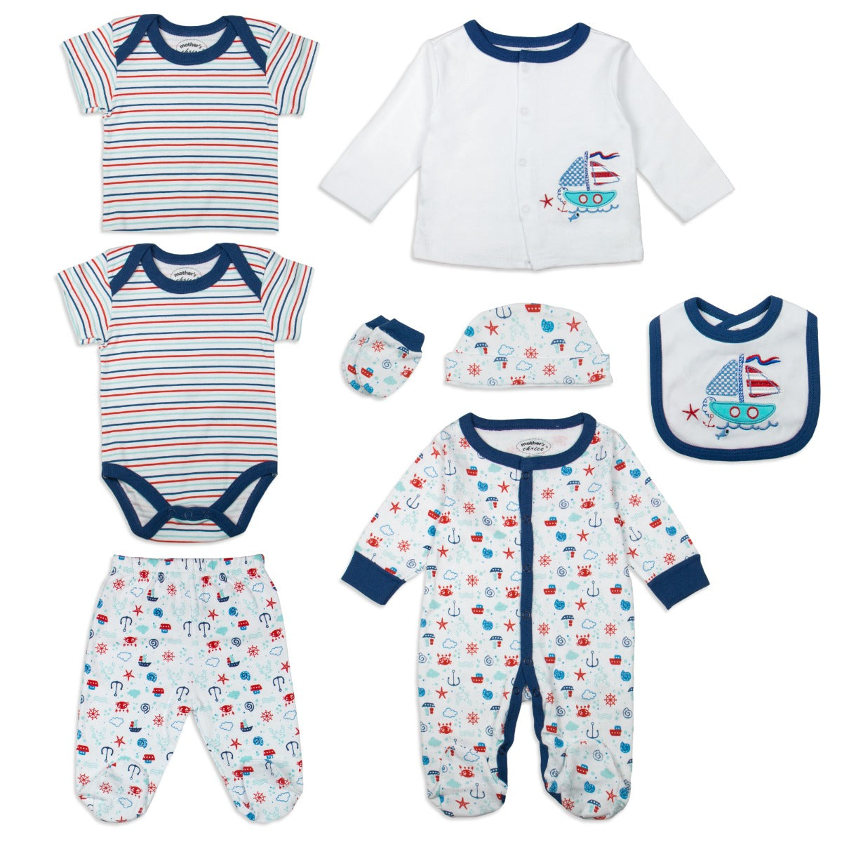 Mothers Choice Baby 8 Pcs Set Of Grower, Bodysuit, Pants, Bib, Hat, Socks, Tee & Tops - Blue