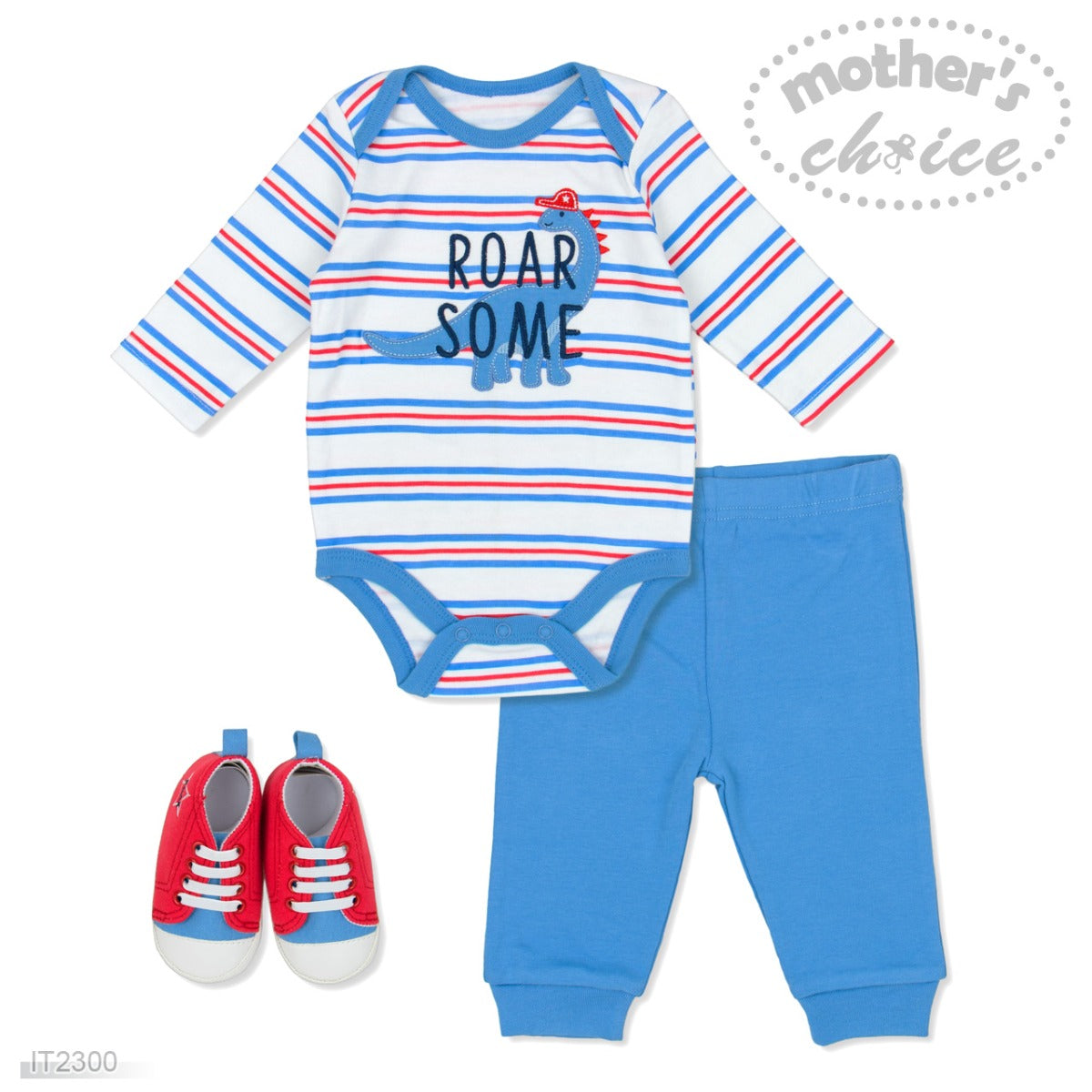 Mothers Choice Baby 3 Pcs Set Of L/S Bodysuit, Pants & Shoes - Blue