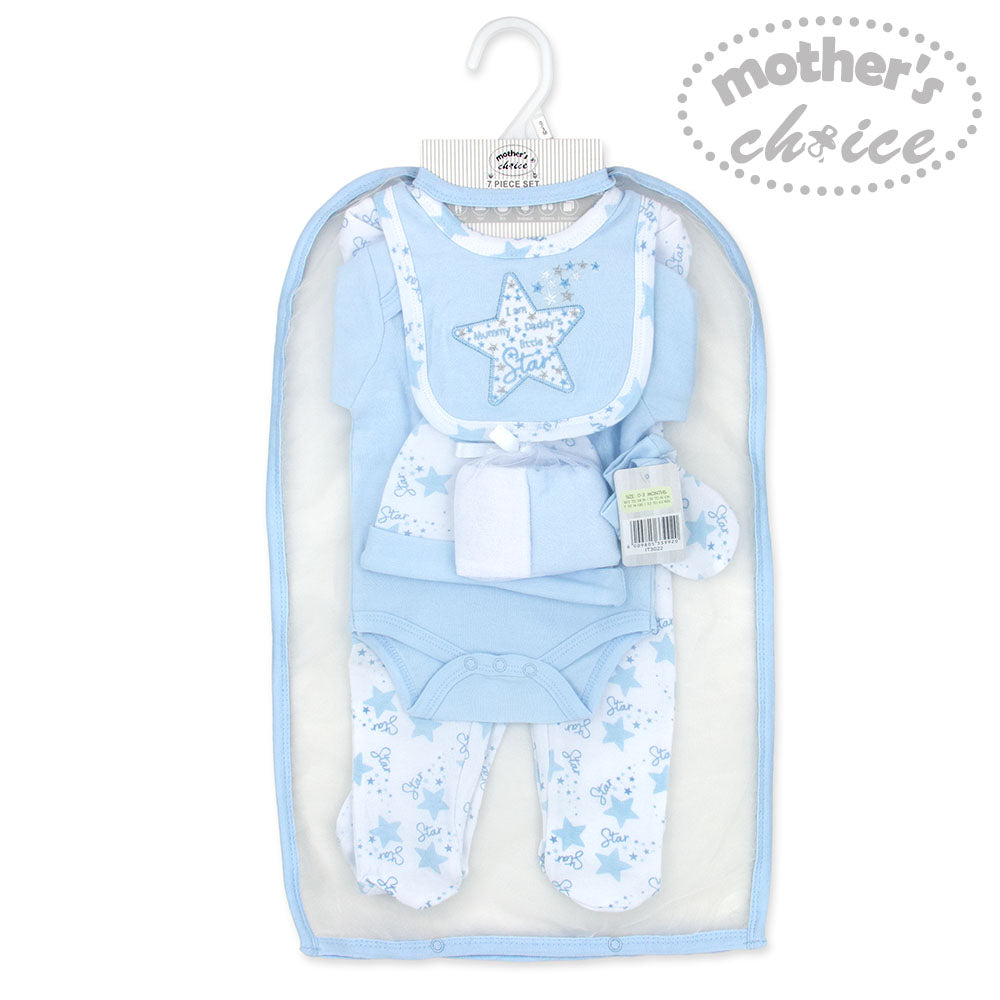 Mothers Choice Baby 7 Pcs Layette Set Of Grower, S/S Bodysuit, Bib, Hat, Mittens & 2 Wash Cloths - Blue