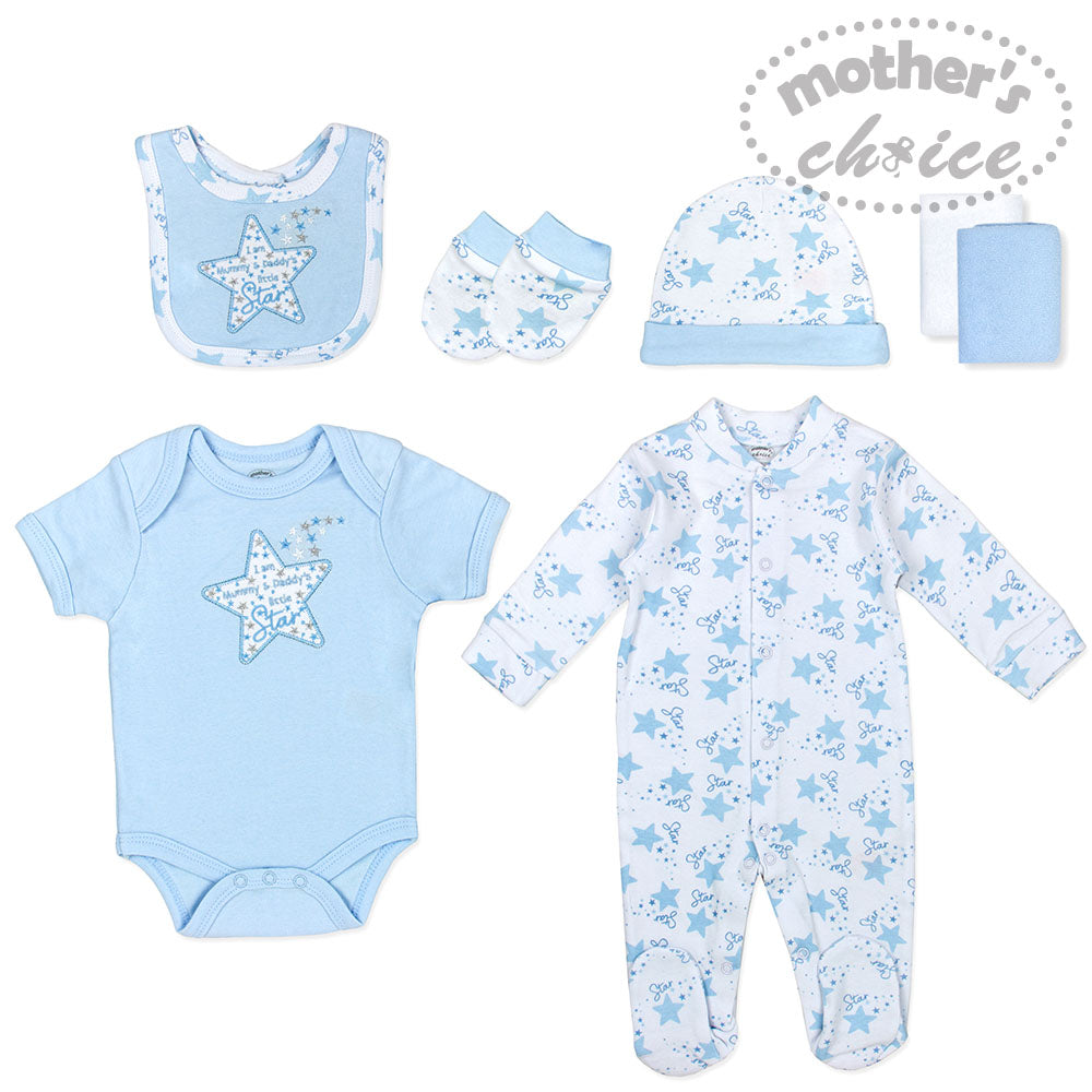 Mothers Choice Baby 7 Pcs Layette Set Of Grower, S/S Bodysuit, Bib, Hat, Mittens & 2 Wash Cloths - Blue