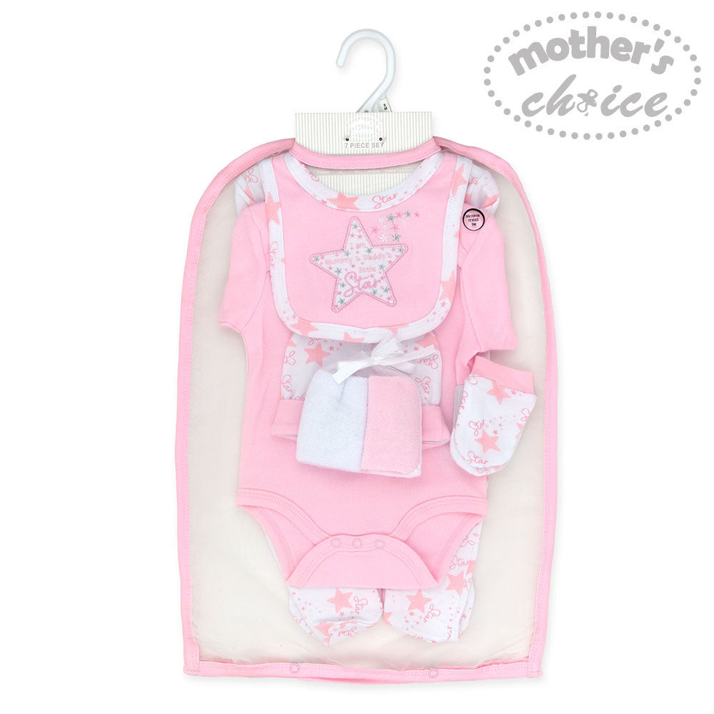 Mothers Choice Baby 7 Pcs Layette Set Of Grower, S/S Bodysuit, Bib, Hat, Mittens & 2 Wash Cloths - Pink