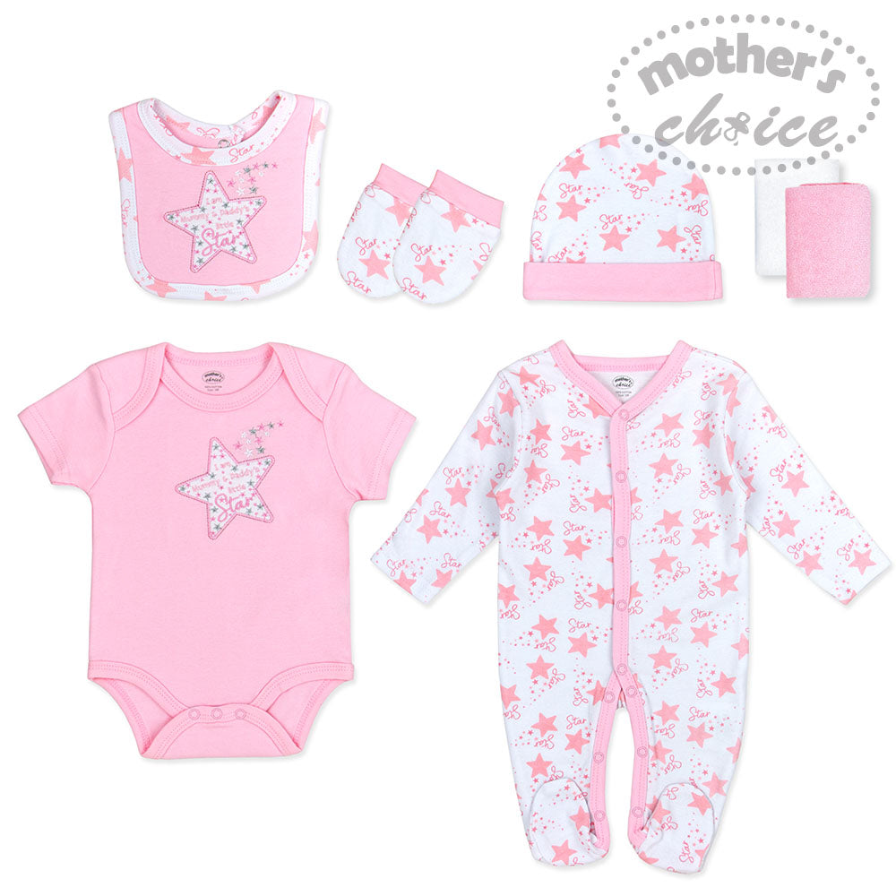 Mothers Choice Baby 7 Pcs Layette Set Of Grower, S/S Bodysuit, Bib, Hat, Mittens & 2 Wash Cloths - Pink