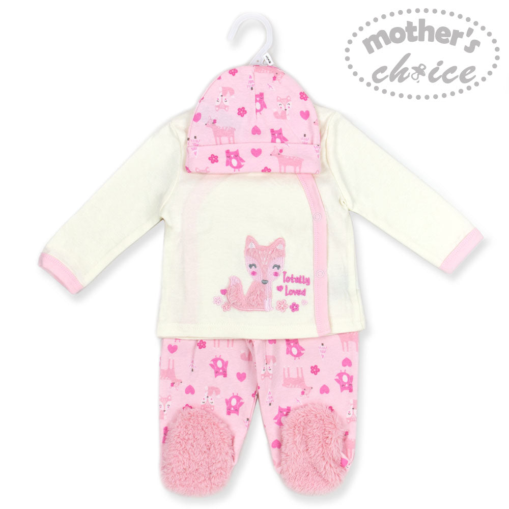 Mothers Choice Baby 3 Pcs Set Of Top, Pants & Hat White Pink