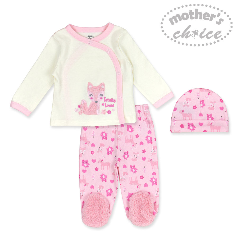 Mothers Choice Baby 3 Pcs Set Of Top, Pants & Hat White Pink
