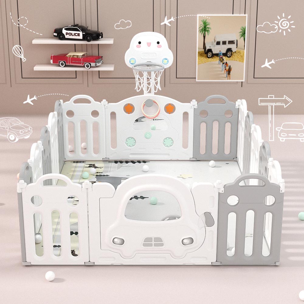 Little Angel Foldable White Grey Fence with Basket Ball Hoop