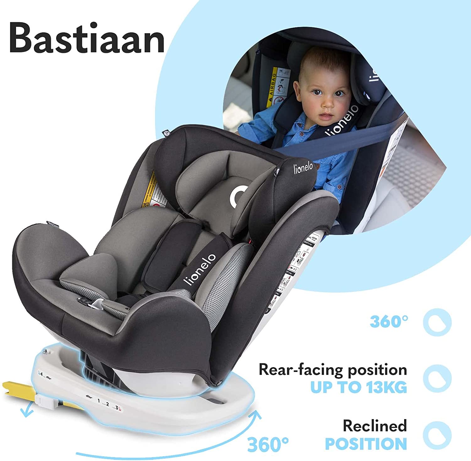 Lionelo Bastiaan 360 Baby Car Seat Grey Black Base