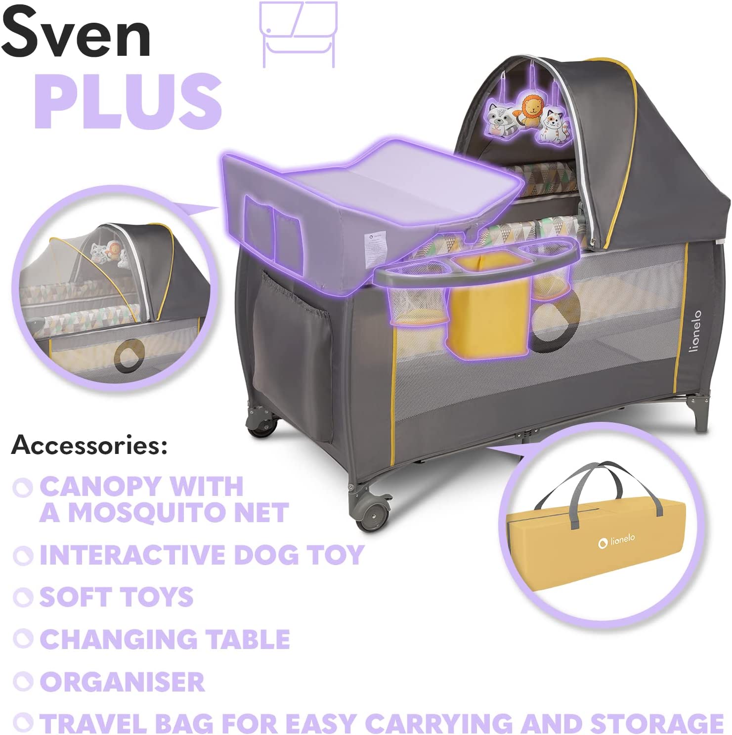 Lionelo Sven Plus 2 In 1 Travel Bed Playpen Yellow