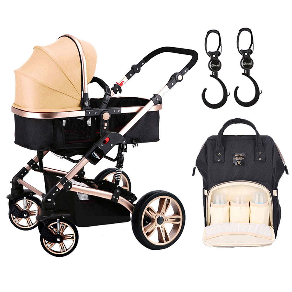 Teknum 3 In 1 Pram Stroller Story  Sunveno Diaper Bag & Hooks Khaki Black