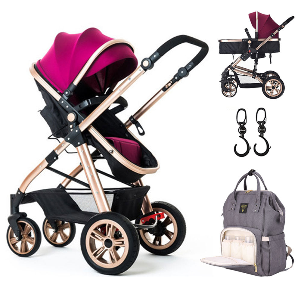 Teknum  3 In 1 Pram Stroller Story  Sunveno Diaper Bag & Hooks Wine Grey