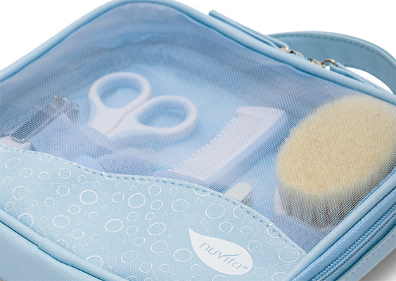 Nuvita Essential Baby Care Kit  Nasal Aspirator  Small Scissors With Rounded Tips  Nail Clippers  Nail Files  Brush With Pure Wool Bristles  And Comb Blue