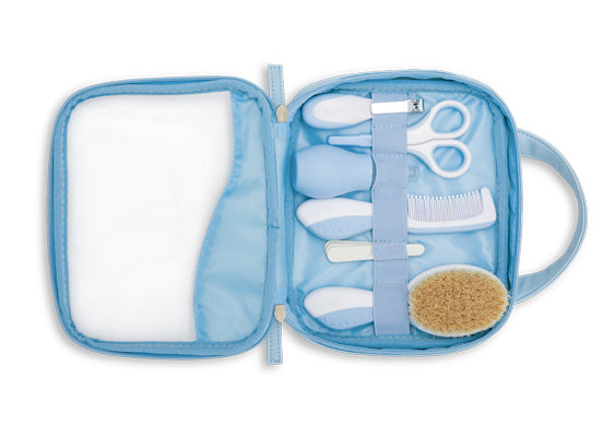 Nuvita Essential Baby Care Kit  Nasal Aspirator  Small Scissors With Rounded Tips  Nail Clippers  Nail Files  Brush With Pure Wool Bristles  And Comb Blue