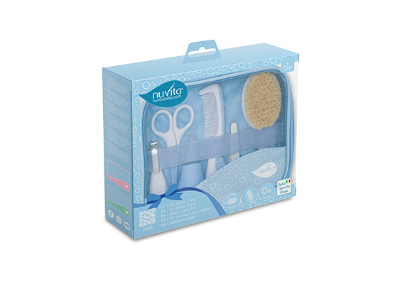 Nuvita Essential Baby Care Kit  Nasal Aspirator  Small Scissors With Rounded Tips  Nail Clippers  Nail Files  Brush With Pure Wool Bristles  And Comb Blue