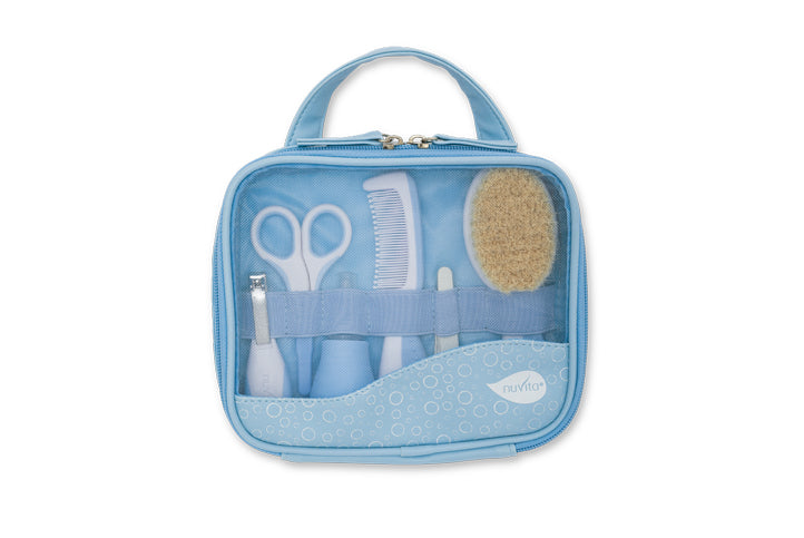 Nuvita Essential Baby Care Kit  Nasal Aspirator  Small Scissors With Rounded Tips  Nail Clippers  Nail Files  Brush With Pure Wool Bristles  And Comb Blue