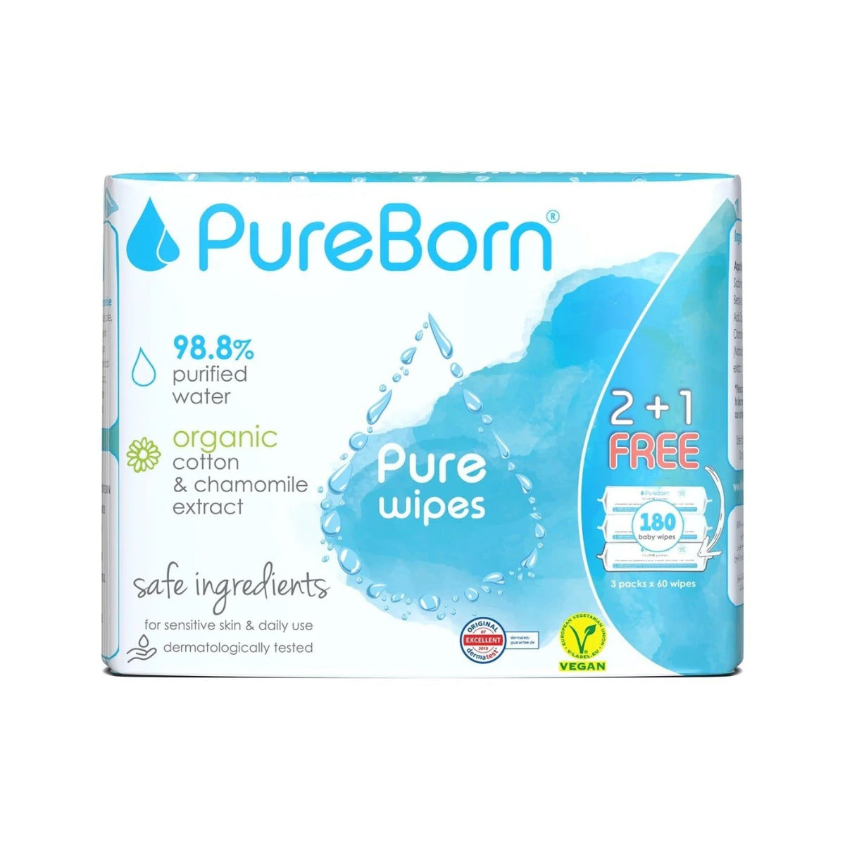 PureBorn Chamomile Wipes 60pcs 2+1 Free