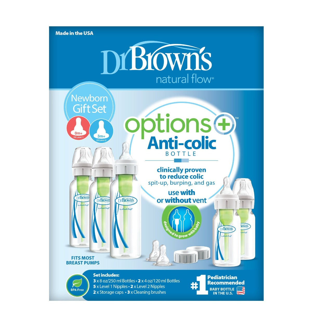 Dr.Browns Pp Narrow Options+ Newborn Feeding Set 3X250 Ml & 2X120 Ml Bottles  2Xl2 Nipples  2 Storage Caps  3 Cleaning Brushes