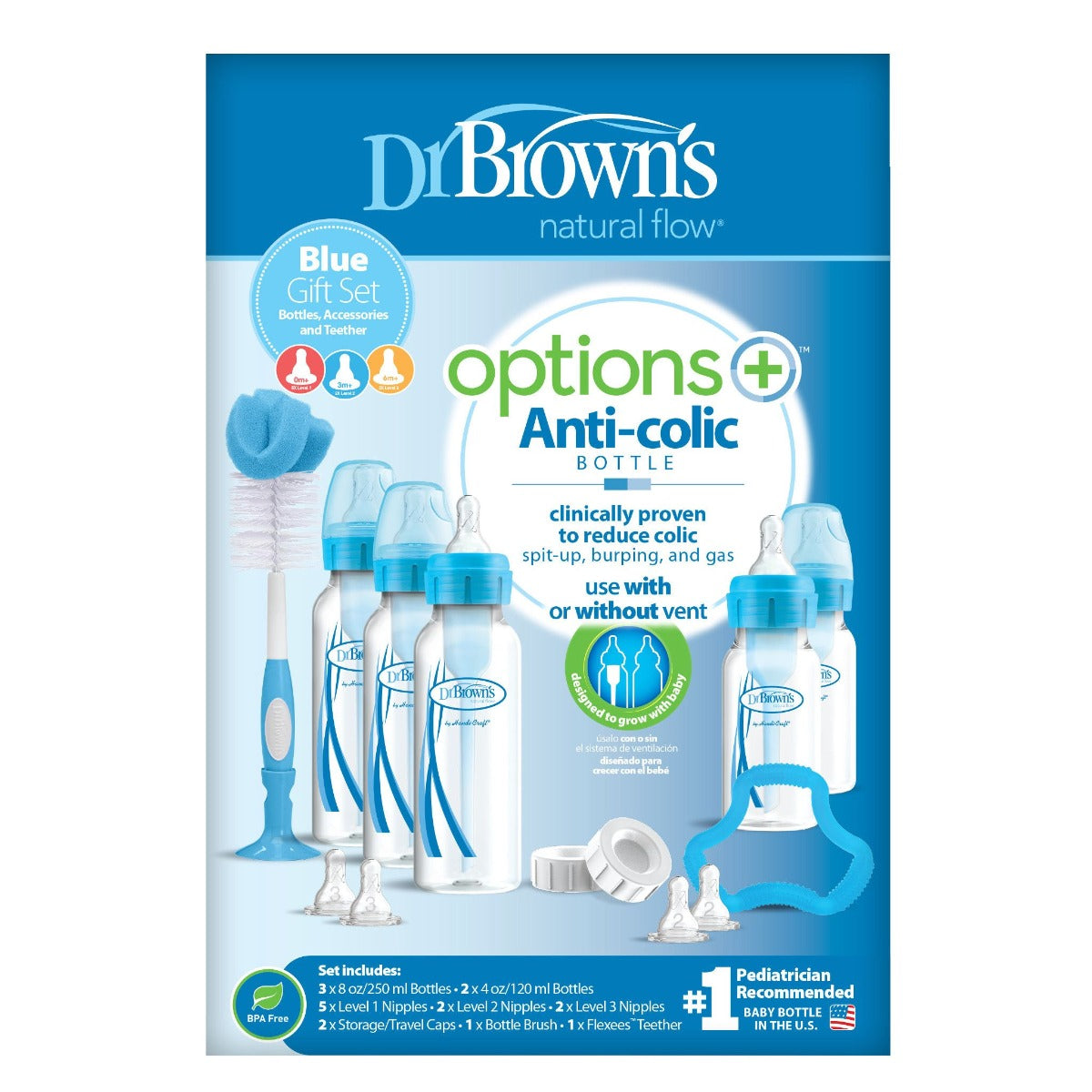 Dr.Browns Blue Bottle Gift Set Options+ 2X120 Ml & 3X250 Ml Bottles  2Xl2 & 2Xl3 Nipples  1 Flexees Teether  700 Brush  2 Storage Caps & 3 Cleaning Brushes