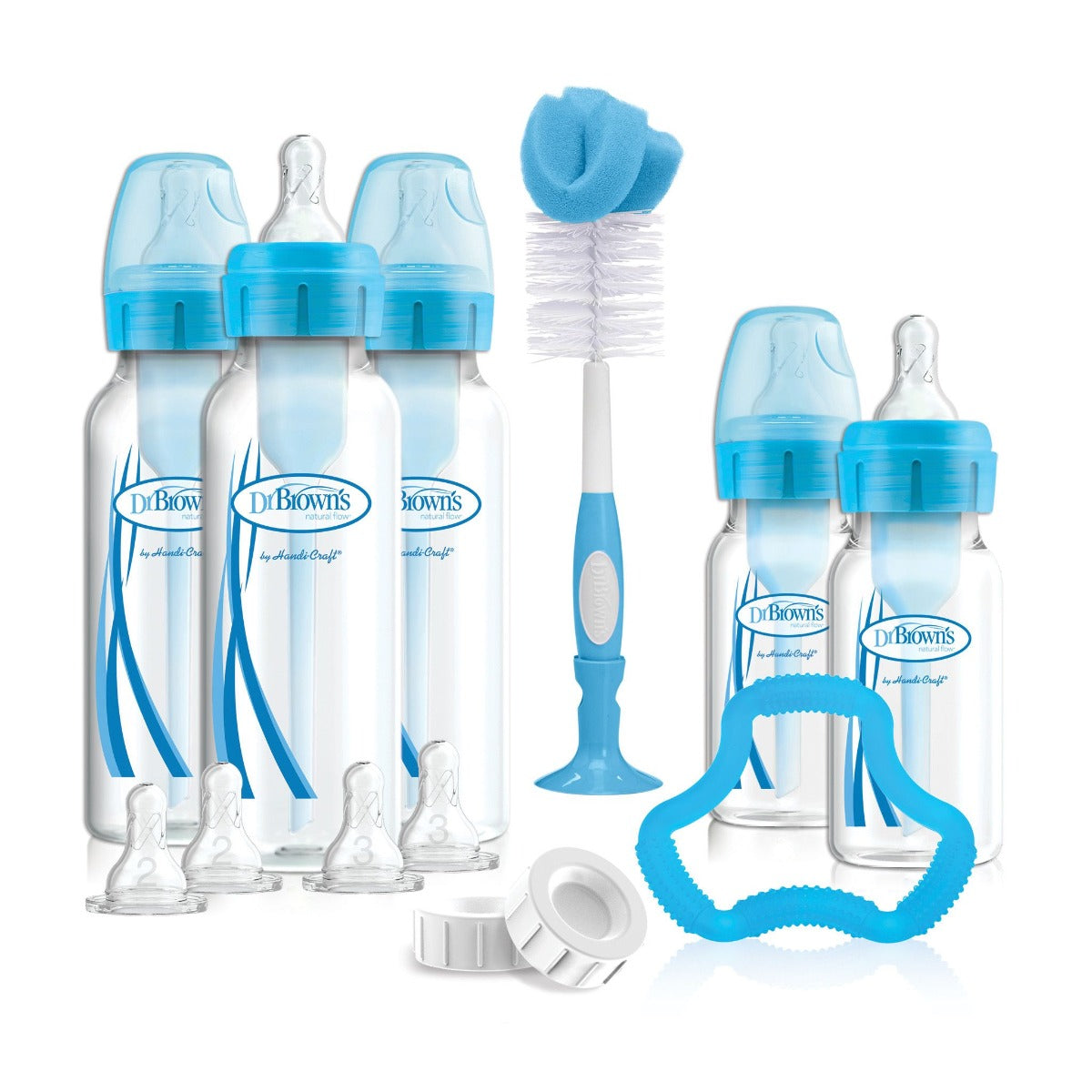 Dr.Browns Blue Bottle Gift Set Options+ 2X120 Ml & 3X250 Ml Bottles  2Xl2 & 2Xl3 Nipples  1 Flexees Teether  700 Brush  2 Storage Caps & 3 Cleaning Brushes