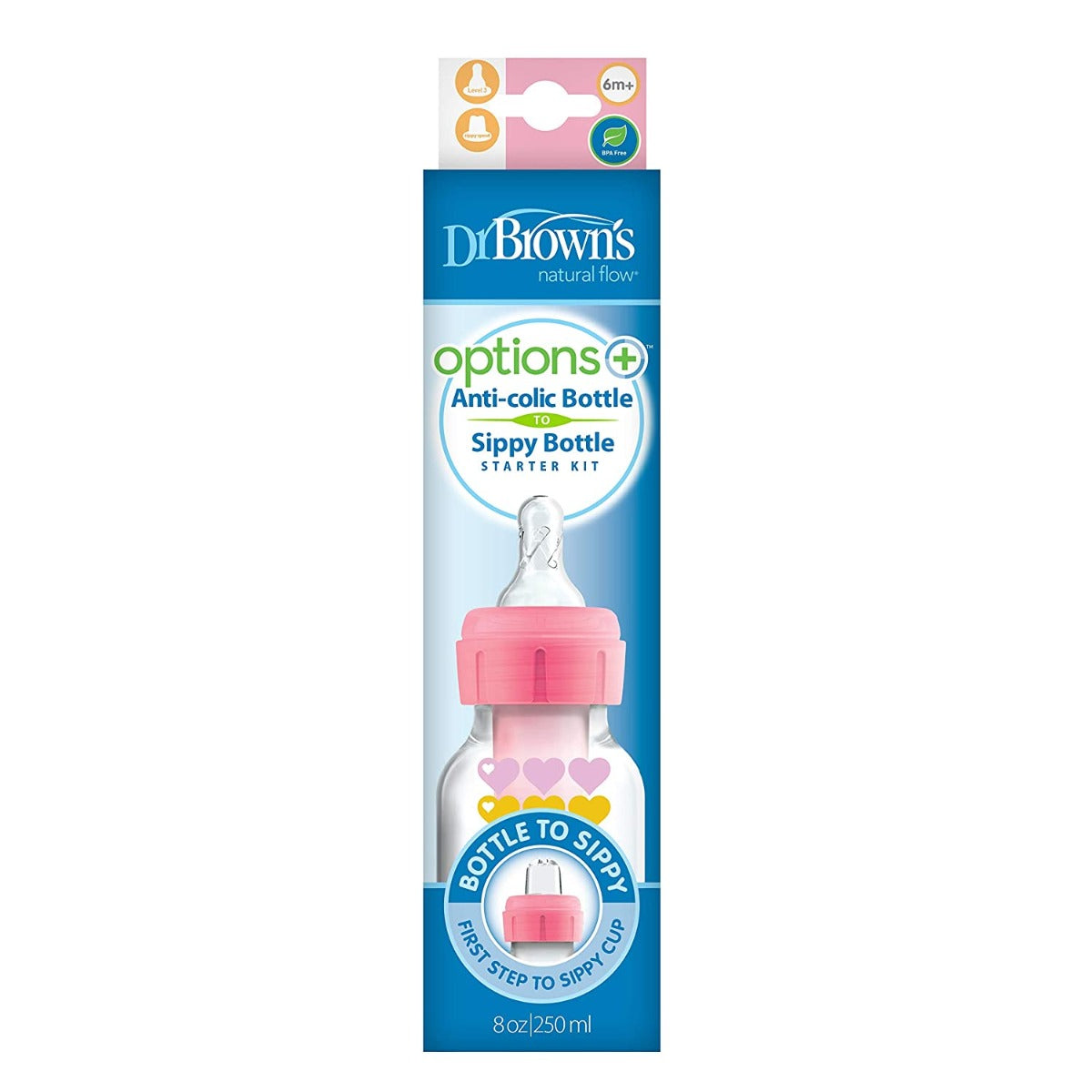 Dr.Browns 8 Oz/250 Ml Pp Narrow Options+ Bottle To Sippy Starter Kit  Pink Hearts +L3 Nipple