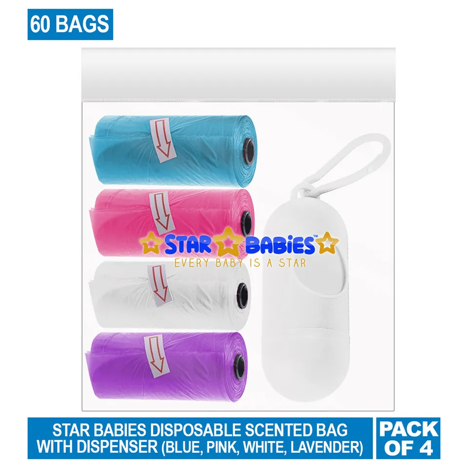 Star Babies  Scented Bag 4 Packs-60 Bags & Dispenser  Blue-Pink-White-Lavender