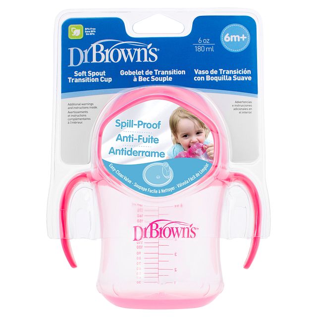 Dr.Browns 6 Oz/180 Ml Soft Spout Transition Cup W/ Handles Pink Deco 6M+ 1 Pack