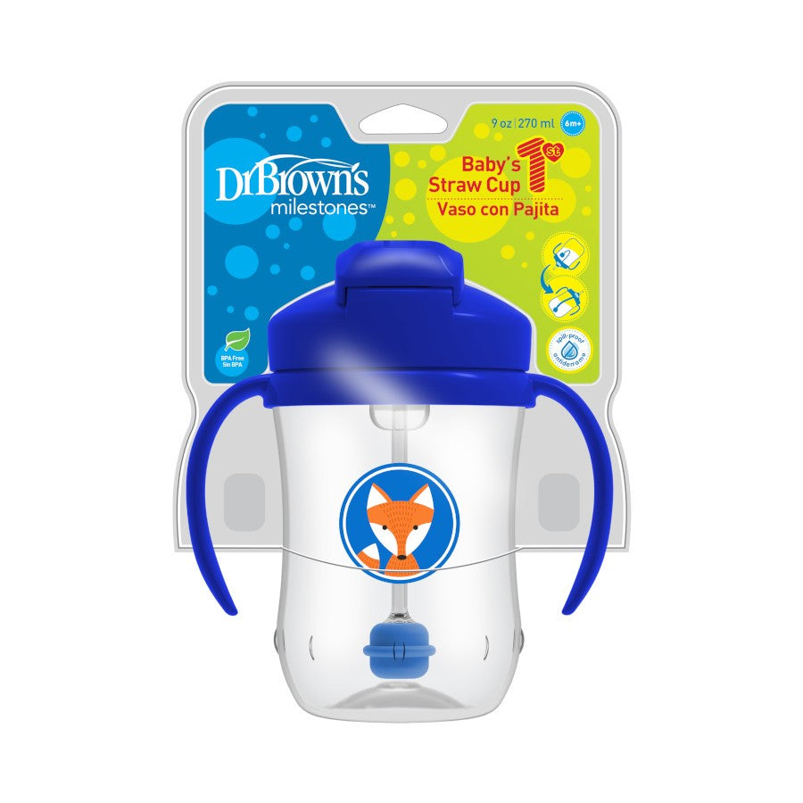 Dr.Browns 9 Oz/270 Ml Baby'S First Straw Cup W/ Handles Blue Deco 6M+ 1 Pack