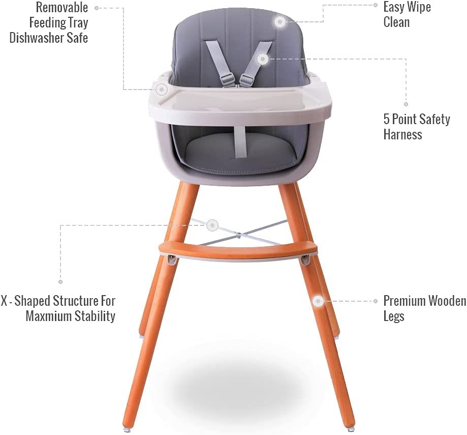 Teknum  Premium Dual Height Wooden High Chair Grey