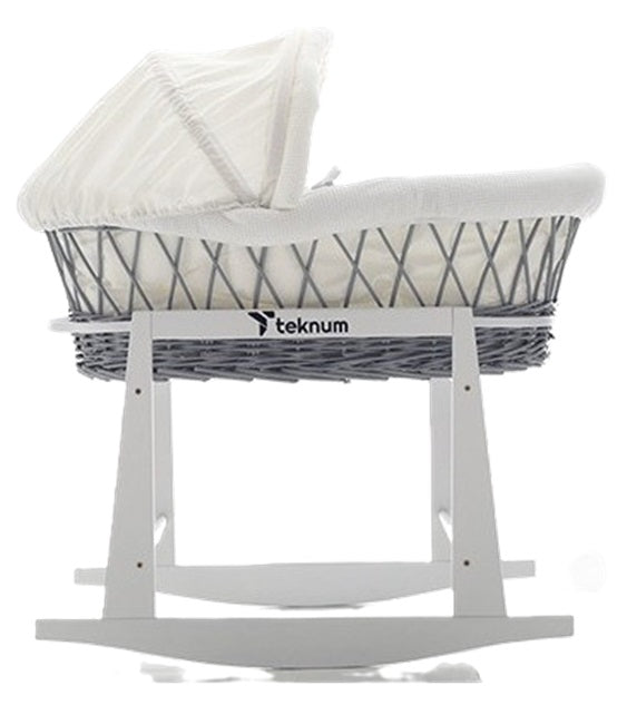 Teknum Infant Wicker Moses Basket with White Waffle Beddings & White Rocker Stand  - Wooden Grey