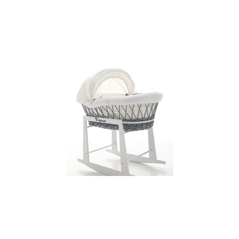 Teknum Infant Wicker Moses Basket with White Waffle Beddings & White Rocker Stand  - Wooden Grey