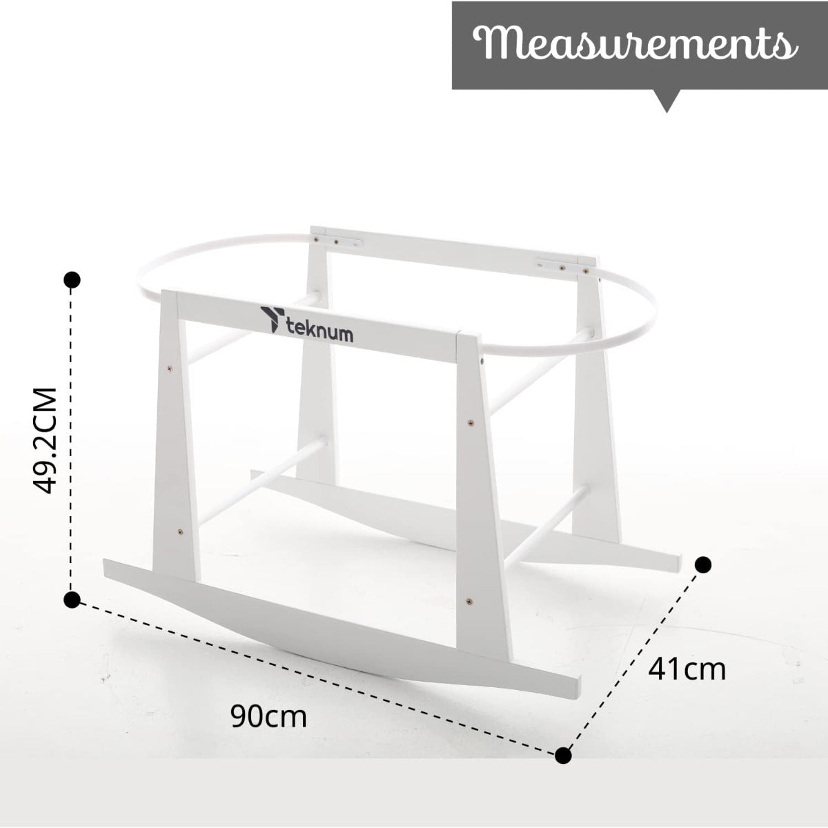 Teknum Infant Wicker Moses Basket with White Waffle Beddings & White Rocker Stand  - Wooden Grey