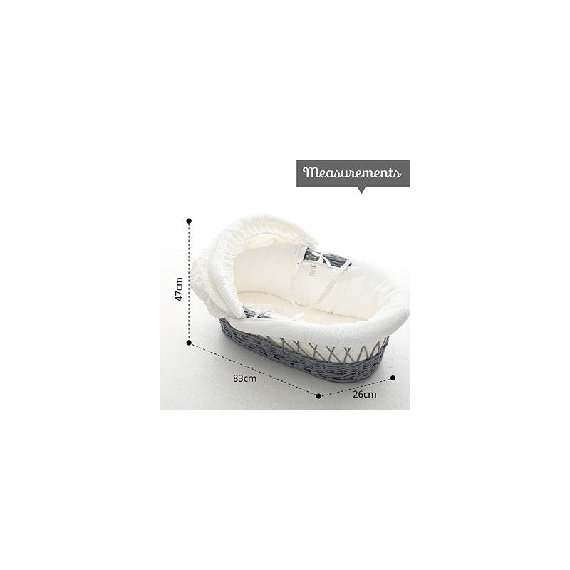 Teknum Infant Wicker Moses Basket with White Waffle Beddings & White Rocker Stand  - Wooden Grey