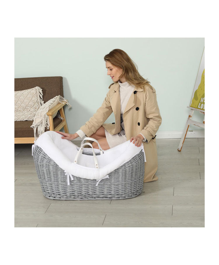 Teknum Infant Wicker Moses Basket with White Waffle Beddings & White Rocker Stand  - Wooden Grey