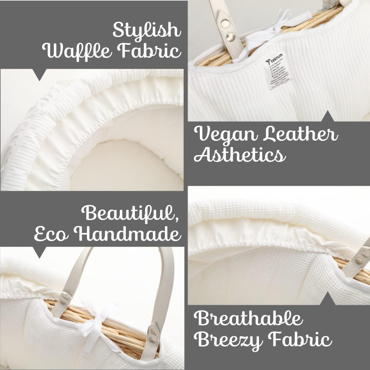 Teknum Infant Wicker Moses Basket with White Waffle Beddings & White Rocker Stand  - Wooden Grey
