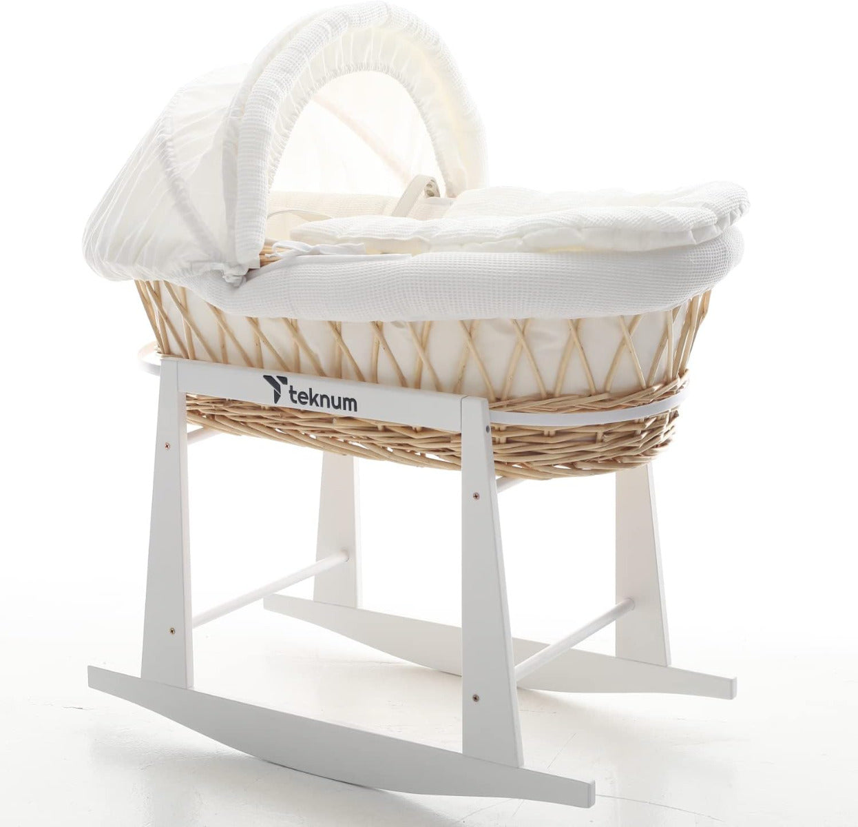 Teknum Infant Wicker Moses Basket with White Waffle Beddings & White Rocker Stand - Wooden Brown