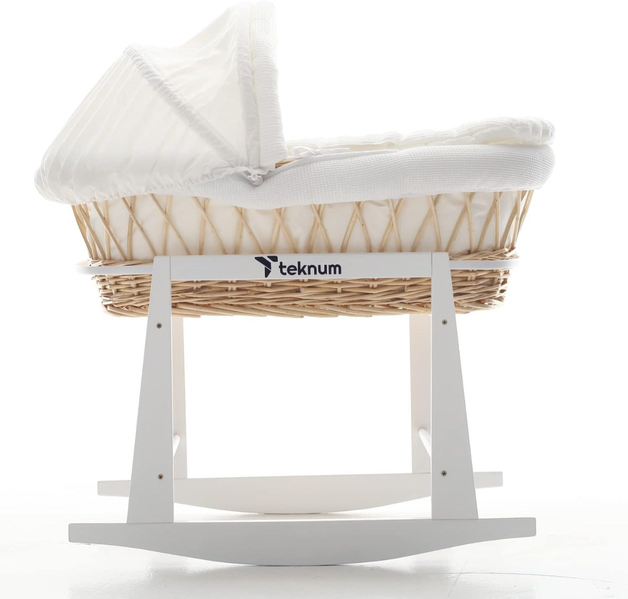 Teknum Infant Wicker Moses Basket with White Waffle Beddings & White Rocker Stand - Wooden Brown