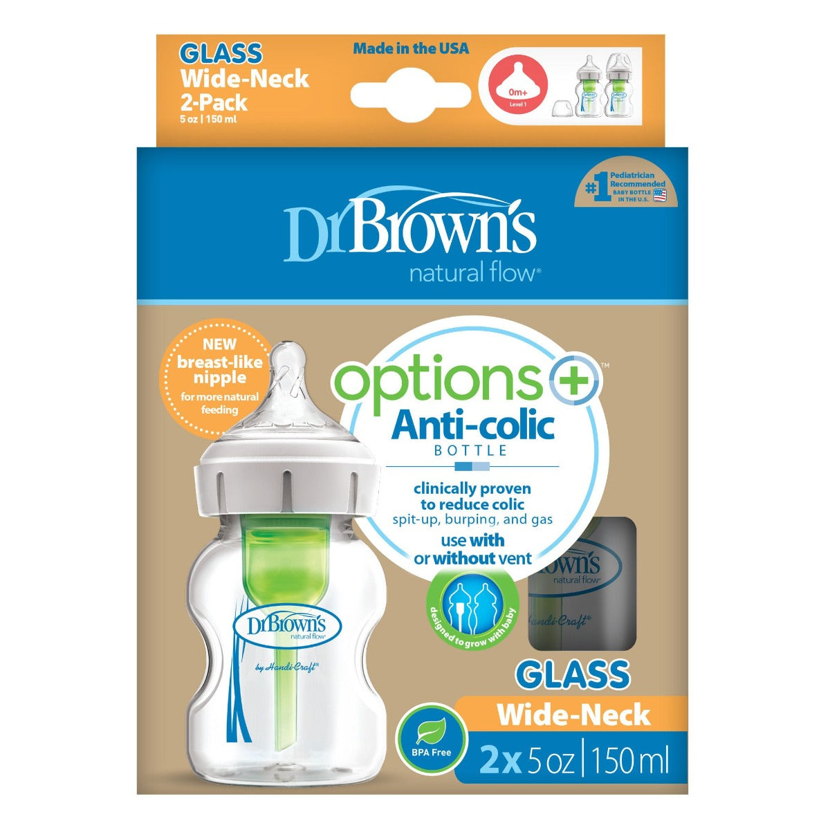 Dr Browns Natural Flow Anti Colic Wide-Neck Glass Baby Bottles 5 oz Pack of 2