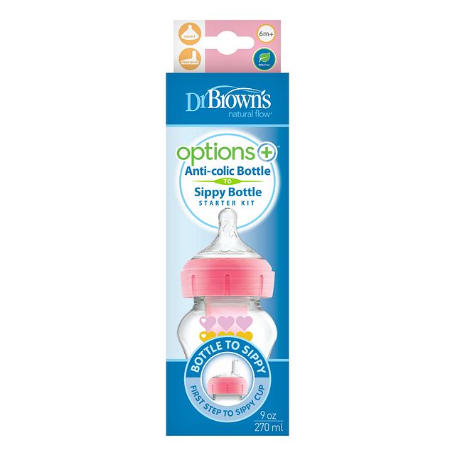 Dr.Browns 9 Oz/270 Ml Pp W N Options+ Pink Hearts Bottle W/ Sippy Spout +L3 Nipple In Bottle 1 Pack