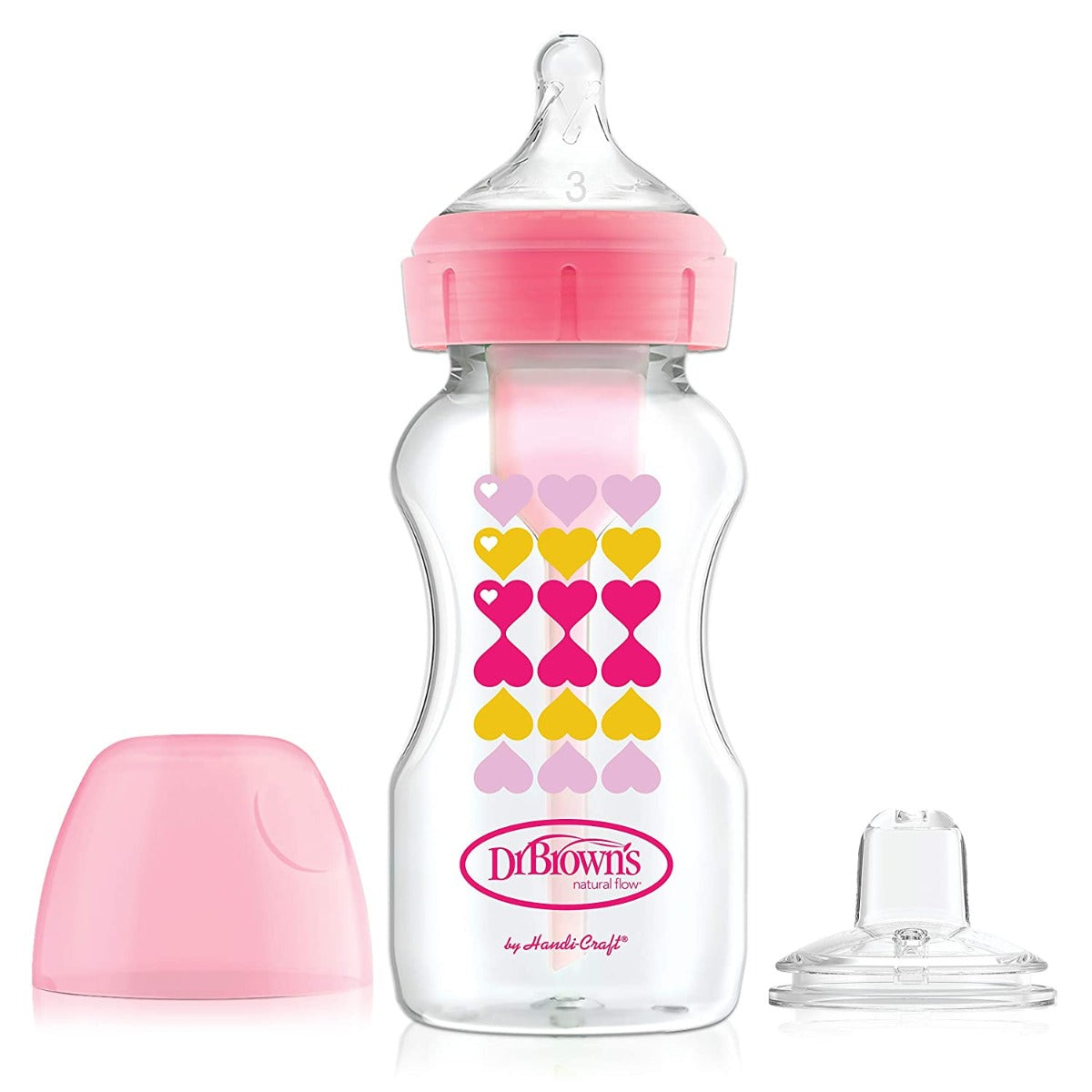 Dr.Browns 9 Oz/270 Ml Pp W N Options+ Pink Hearts Bottle W/ Sippy Spout +L3 Nipple In Bottle 1 Pack