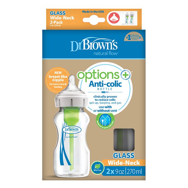 Dr Browns Natural Flow Anti Colic Wide-Neck Glass Baby Bottles 9 oz Pack of 2