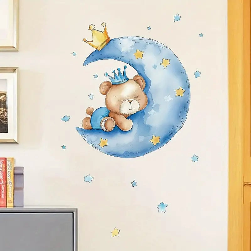Contemporary Style Cartoon Bear on Moon Wall Stickers 1pc