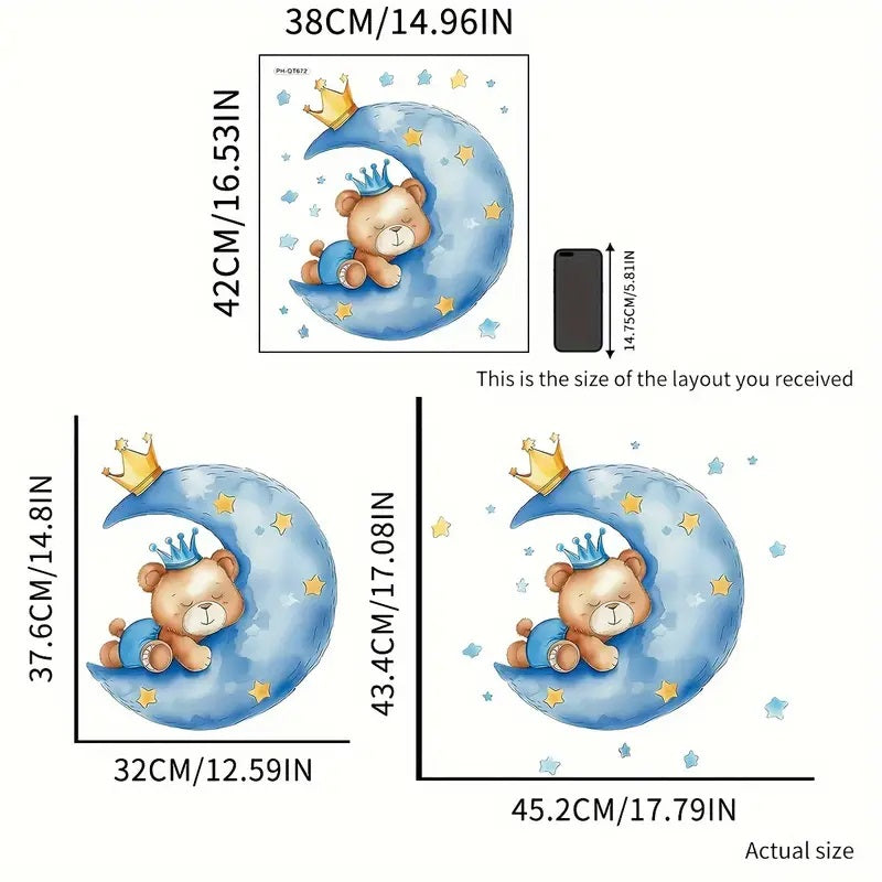 Contemporary Style Cartoon Bear on Moon Wall Stickers 1pc