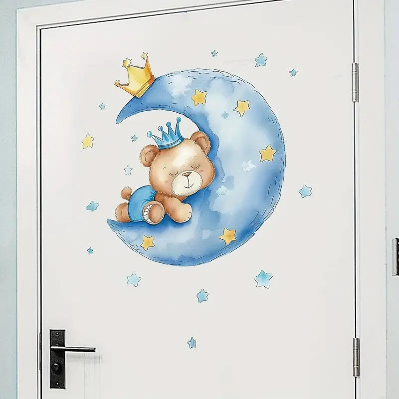 Contemporary Style Cartoon Bear on Moon Wall Stickers 1pc