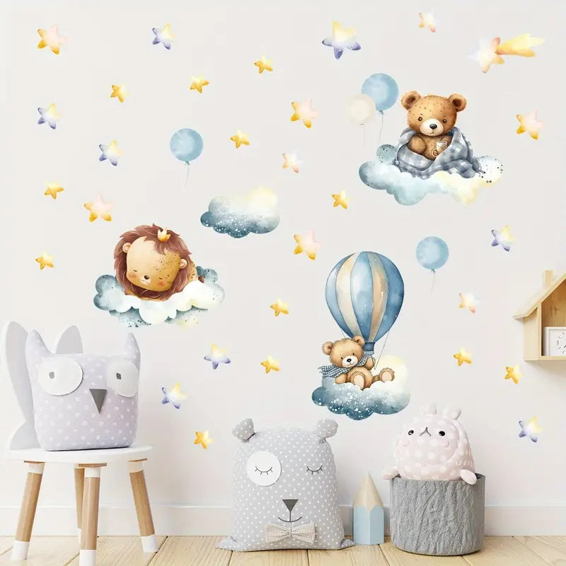 Creative Wall Sticker Cartoon Cute Bear Lion Hot Air Balloon Pattern 1pc