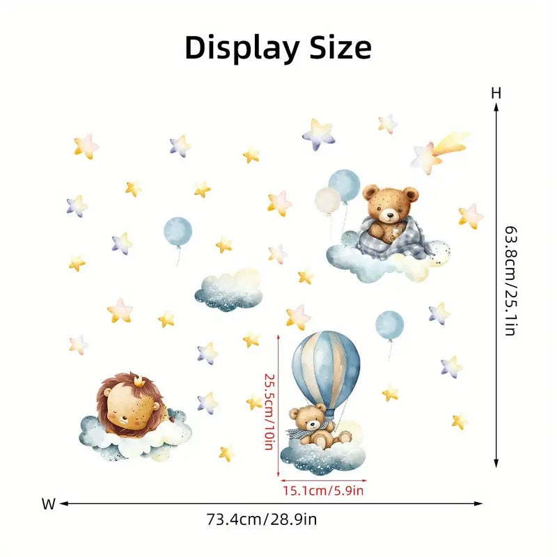 Creative Wall Sticker Cartoon Cute Bear Lion Hot Air Balloon Pattern 1pc