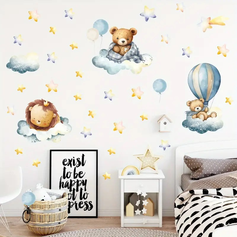 Creative Wall Sticker Cartoon Cute Bear Lion Hot Air Balloon Pattern 1pc
