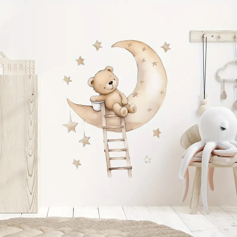 Creative Wall Sticker Cartoon Bear Climbing Stairs To Climb The Moon Pattern 1pc